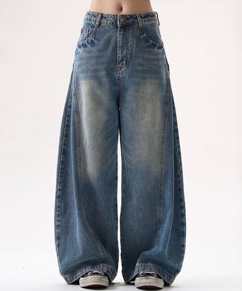 ヴィンテージ加工バギーデニムパンツ バレルデニムパンツ