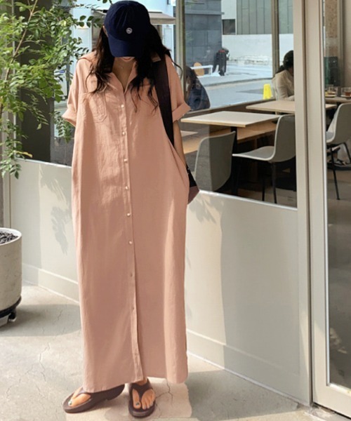 Kuroba(クロバ)の「ロングシャツワンピース(シャツワンピース・レディース・チャコールグレー/ベージュ/マスタード/ピンク・M/L)」の4枚目の写真