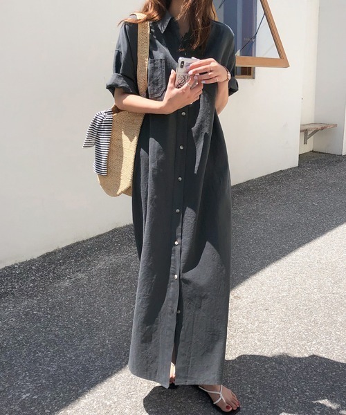 Kuroba(クロバ)の「ロングシャツワンピース(シャツワンピース・レディース・チャコールグレー/ベージュ/マスタード/ピンク・M/L)」の5枚目の写真