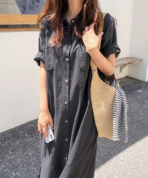 Kuroba(クロバ)の「ロングシャツワンピース(シャツワンピース・レディース・チャコールグレー/ベージュ/マスタード/ピンク・M/L)」の7枚目の写真