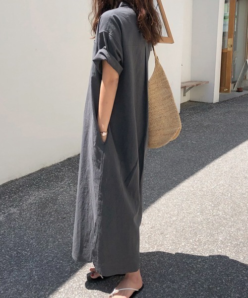 Kuroba(クロバ)の「ロングシャツワンピース(シャツワンピース・レディース・チャコールグレー/ベージュ/マスタード/ピンク・M/L)」の8枚目の写真