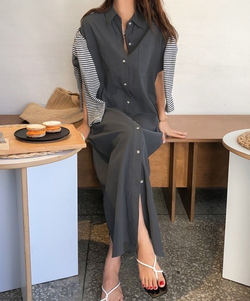 Kuroba(クロバ)の「ロングシャツワンピース(シャツワンピース・レディース・チャコールグレー/ベージュ/マスタード/ピンク・M/L)」の9枚目の写真