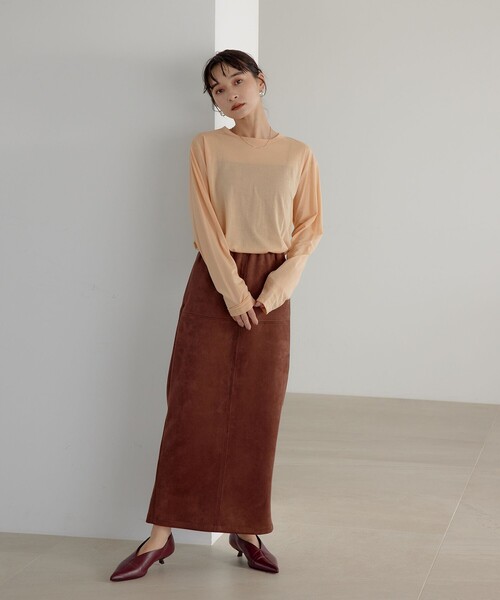 EMMEL REFINES（エメルリファインズ）の「＜EMMEL REFINES＞EM スウェードライク ステッチ Iラインスカート（スカート・レディース・ナチュラル/ダークブラウン・S/M）」の3枚目の写真