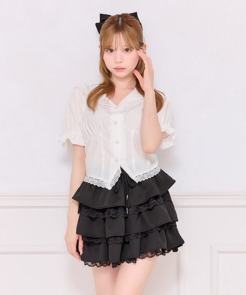 Joie de Vivre フリル付きホワイトシャツ セール】【French girly collection】レースフリル切り替えブラウス