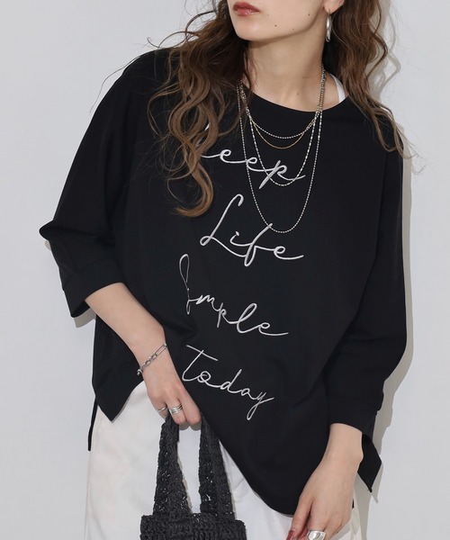 BRODIAEA（ブローディア）の「BRODIAEA ロゴ刺繍七分袖Ｔシャツ（Tシャツ/カットソー・レディース・グレー/ブルーグリーン/グレイッシュベージュ/ブラック/レンガ・40）」の12枚目の写真