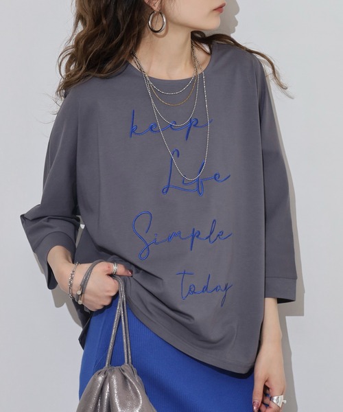 BRODIAEA（ブローディア）の「BRODIAEA ロゴ刺繍七分袖Ｔシャツ（Tシャツ/カットソー・レディース・グレー/ブルーグリーン/グレイッシュベージュ/ブラック/レンガ・40）」の18枚目の写真