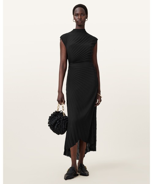 ALLSAINTS(オールセインツ)の「RAYANNA PLEATED SATIN MIDI DRESS | RAYANNA プリーツ サテン ミディ ドレス・ワンピース(ワンピース・レディース・ブラック・6/8/10/4)」の1枚目の写真