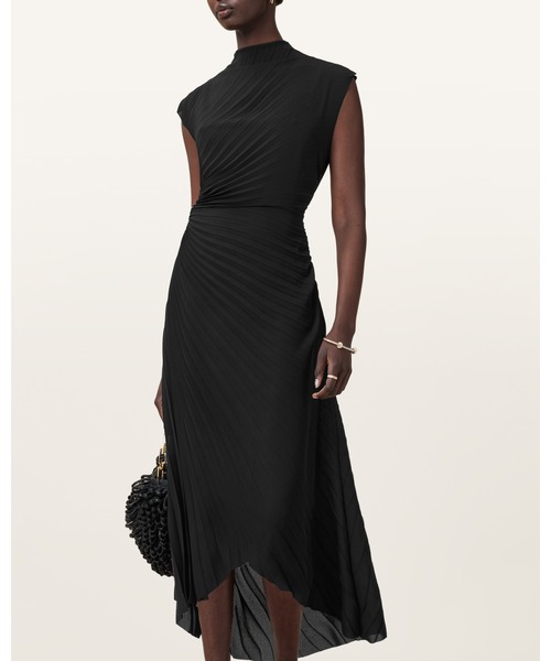 ALLSAINTS(オールセインツ)の「RAYANNA PLEATED SATIN MIDI DRESS | RAYANNA プリーツ サテン ミディ ドレス・ワンピース(ワンピース・レディース・ブラック・6/8/10/4)」の2枚目の写真