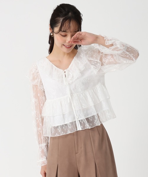 d*9様 レースフリフリ リボン付きホワイトブラウス d*9様 レース