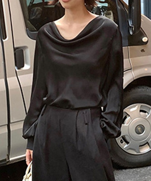 Lace Ladies(レースレディース)の「ドレープカラー オープンショルダー パール付き 長袖 ブラウス(シャツ/ブラウス・レディース・ブラック/ホワイト/アイボリー・M/XL)」の10枚目の写真