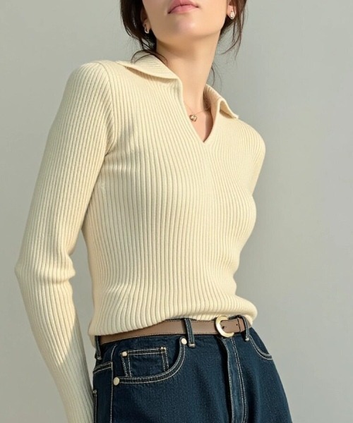 cammie（キャミー）の「ポロカラーリブニット（ニット/セーター・レディース・キャメル/ブラウン/アイボリー/ブラック・F）」の2枚目の写真
