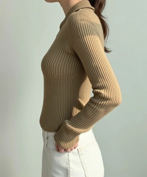 cammie（キャミー）の「ポロカラーリブニット（ニット/セーター・レディース・キャメル/ブラウン/アイボリー/ブラック・F）」の19枚目の写真