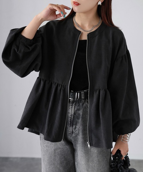 セール】ノーカラーペプラムスエードジャケット（ノーカラージャケット