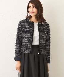 トゥービーシック 2way ツイードジャケット ノーカラー ブラック ホワイト TO BE CHIC / トゥー ビー シック （レディース） ノーカラー