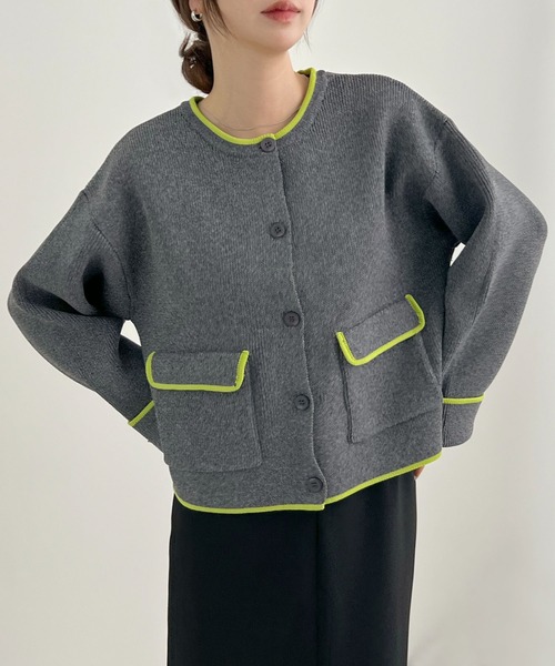 Futier land(フューティアランド)の「配色クルーネックカーディガン(カーディガン/ボレロ・レディース・ブラウン/チャコールグレー/アイボリー・FREE)」の3枚目の写真