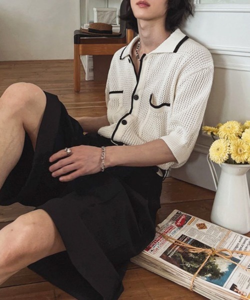 NOWLE（ノウル）の「【NOWLE】バイカラー シック サマーニット ポロシャツ（シャツ/ブラウス・メンズ・オフホワイト・MEDIUM/LARGE/X-LARGE）」の5枚目の写真
