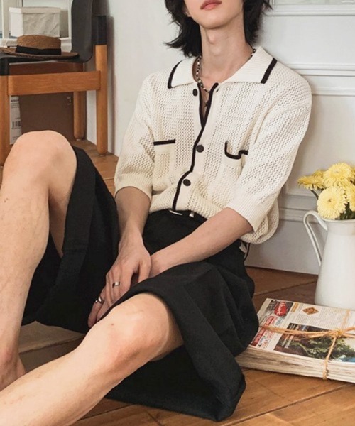 NOWLE（ノウル）の「【NOWLE】バイカラー シック サマーニット ポロシャツ（シャツ/ブラウス・メンズ・オフホワイト・MEDIUM/LARGE/X-LARGE）」の7枚目の写真