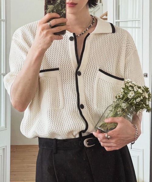 NOWLE（ノウル）の「【NOWLE】バイカラー シック サマーニット ポロシャツ（シャツ/ブラウス・メンズ・オフホワイト・MEDIUM/LARGE/X-LARGE）」の12枚目の写真