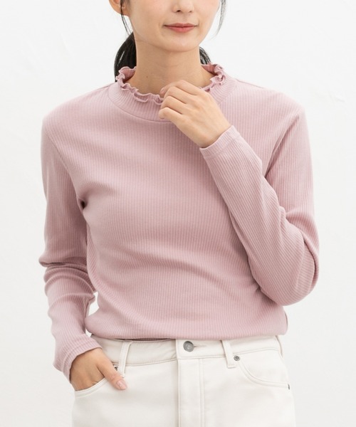 Honeys（ハニーズ）の「【ハニぽか・吸湿発熱】あったか綿衿フリルＴ（Tシャツ/カットソー・レディース・アイボリー/ブラック/ピンク/ミント/ネイビー・S/M/LL/L）」の5枚目の写真