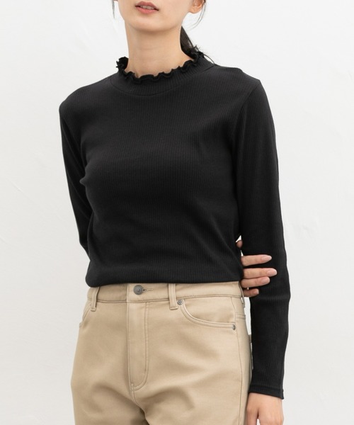 Honeys（ハニーズ）の「【ハニぽか・吸湿発熱】あったか綿衿フリルＴ（Tシャツ/カットソー・レディース・アイボリー/ブラック/ピンク/ミント/ネイビー・S/M/LL/L）」の10枚目の写真