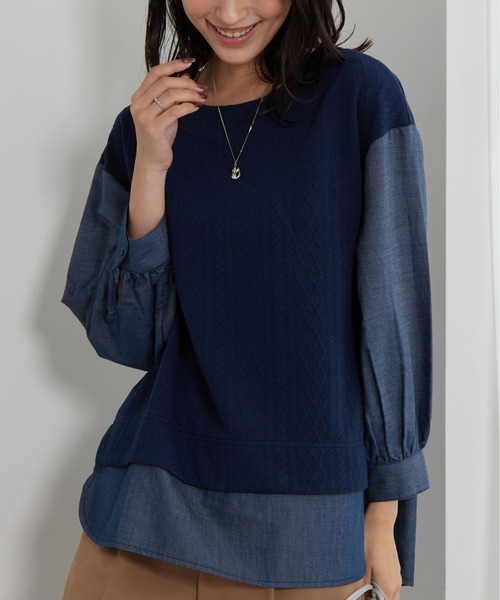 BELLUNA PLUS(ベルーナ)の「ケーブル×デニム切替チュニック(チュニック・レディース・ベージュ系/ネイビー系/ブラック系/ライトベージュ/ブルー・LARGE/MEDIUM/X-LARGE)」の5枚目の写真