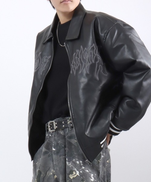 セール】グランジテイストなトライバルロゴ刺繍 フェイクレザー