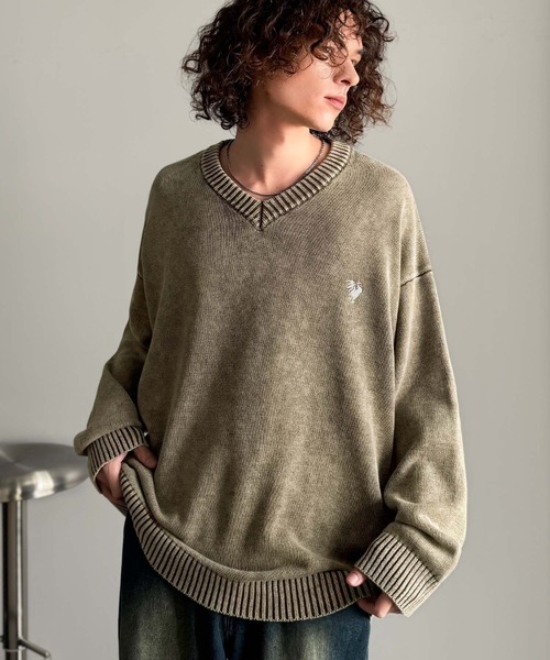 Classical Origin(クラシカルオリジン)の「「垢抜け確定。」綿100%刺繍入りピグメント加工オーバーサイズVネックセーター/Pigment-Dyed 100% Cotton Embroidered V-Neck Sweater(ニット/セーター・メンズ・ブルー/ブラック/ブラウン/ボルドー・LARGE/MEDIUM/SMALL)」の15枚目の写真