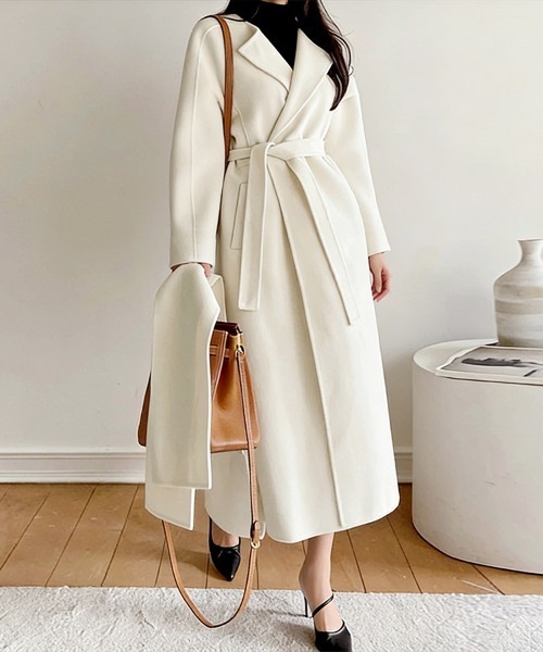 セール】ウエストベルト付きパフスリーブコート（チェスターコート
