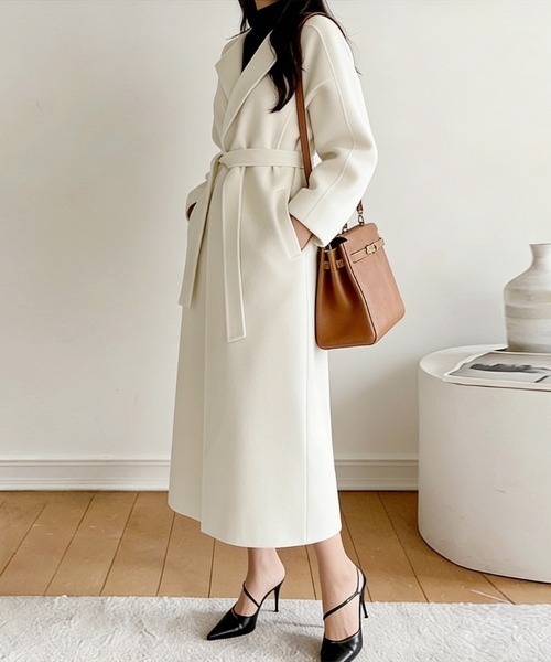 セール】ウエストベルト付きパフスリーブコート（チェスターコート