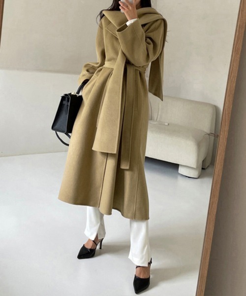 【早い者勝ち！】ok.soon チェスターコート　スカーフ付き　アイボリー セール】ウエストベルト付きパフスリーブコート（チェスターコート