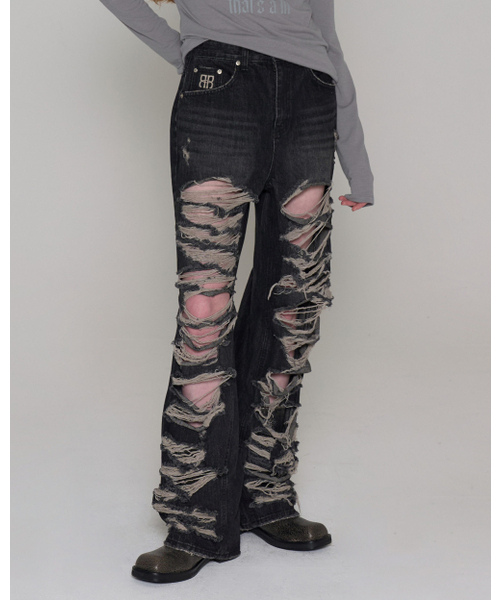ROCKCAKE(ロックケーキ)の「Pia Damage Wide Jeans - Beige Black(デニムパンツ・レディース・その他・SMALL/X-SMALL)」の1枚目の写真
