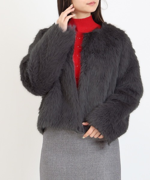 TRUDEA（トルディア）の「ノーカラーファージャケット（ノーカラージャケット・レディース・チャコールグレー/ブラウン・MEDIUM）」の2枚目の写真