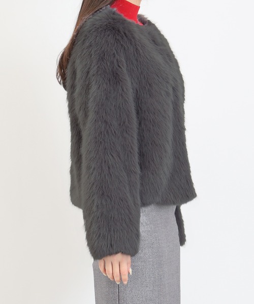 TRUDEA（トルディア）の「ノーカラーファージャケット（ノーカラージャケット・レディース・チャコールグレー/ブラウン・MEDIUM）」の12枚目の写真