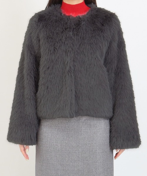 TRUDEA（トルディア）の「ノーカラーファージャケット（ノーカラージャケット・レディース・チャコールグレー/ブラウン・MEDIUM）」の11枚目の写真