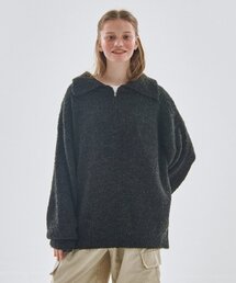 ウォッシャブルハーフハートロゴ刺繍ハーフジップニットオーバーサイズ[ブラック]
