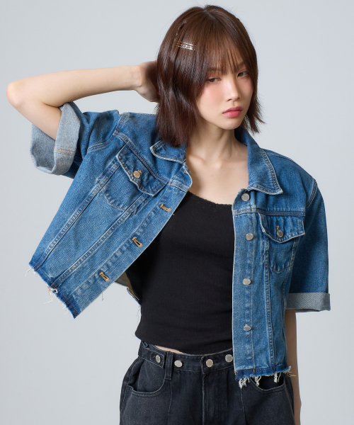 UNKNOWN PLANET(アンノウンプラネット)の「スリット半袖デニムジャケットブルー(デニムジャケット・レディース・その他・FREE)」の1枚目の写真