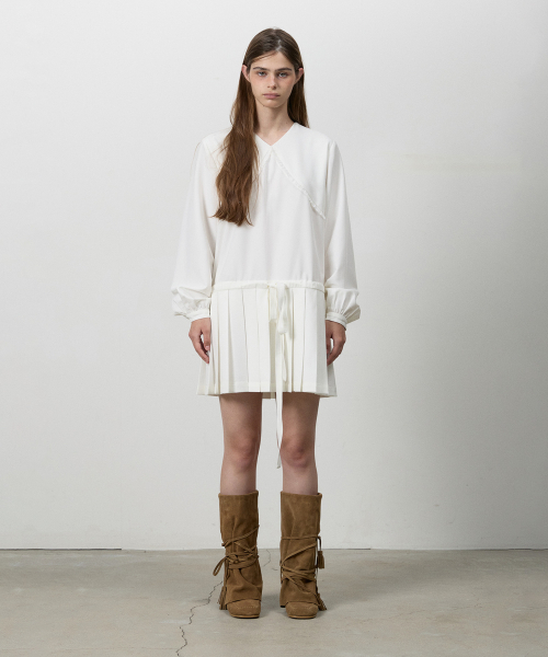 THREE TO EIGHTY(スリートゥエイティー)の「PLEATS RIBBON DRESS WHITE(ワンピース・レディース・その他・FREE)」の1枚目の写真