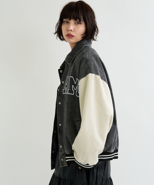 A.D.C.L.（エーディーシーエル）の「ロゴ刺繍入り デニム スタジアムジャンパー（スタジャン・レディース・ブルー/ブラック・M/L）」の5枚目の写真