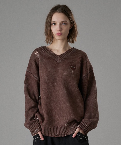 VINTAGE LIKE DAMAGE V-NECK KNIT / ヴィンテージライクダメージV