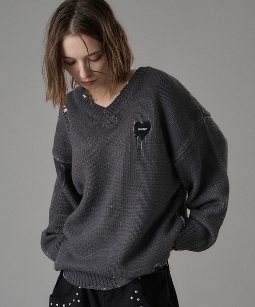 セール】VINTAGE LIKE DAMAGE V-NECK KNIT / ヴィンテージライク