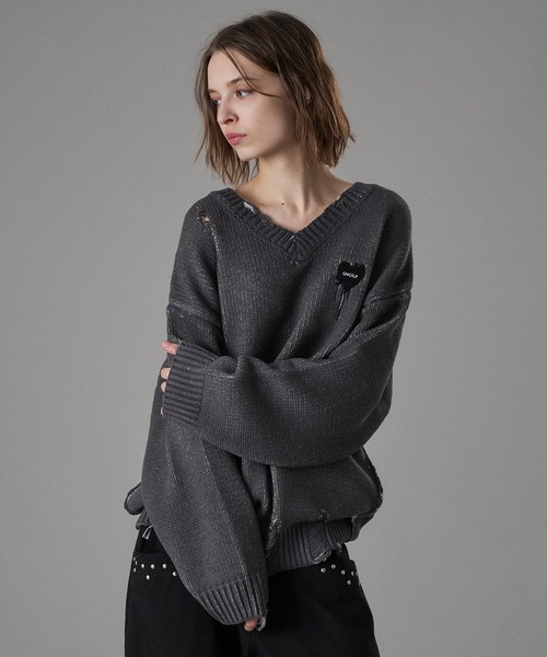 セール】VINTAGE LIKE DAMAGE V-NECK KNIT / ヴィンテージライク