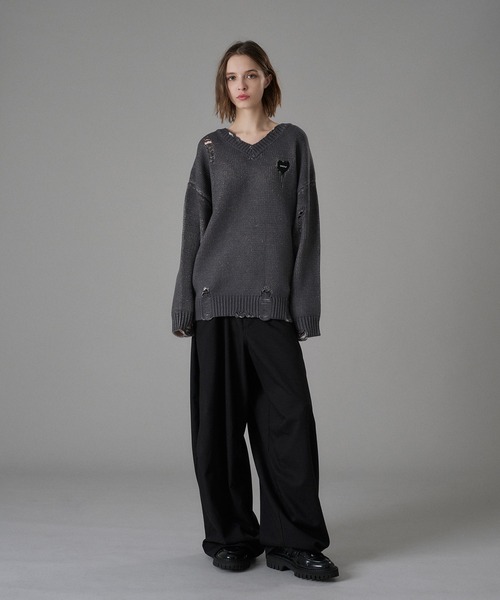 セール】VINTAGE LIKE DAMAGE V-NECK KNIT / ヴィンテージライク
