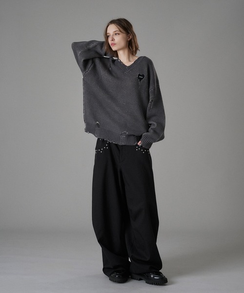 送込★Number (N)ine ダメージ加工 Vネックニット VINTAGE LIKE DAMAGE V-NECK KNIT / ヴィンテージライクダメージV