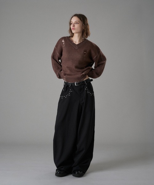 ヴィンテージ　ニット VINTAGE LIKE DAMAGE V-NECK KNIT / ヴィンテージライクダメージV
