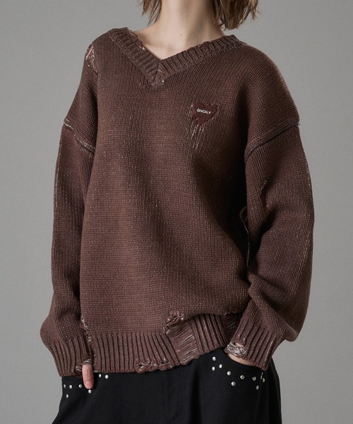 セール】VINTAGE LIKE DAMAGE V-NECK KNIT / ヴィンテージライク