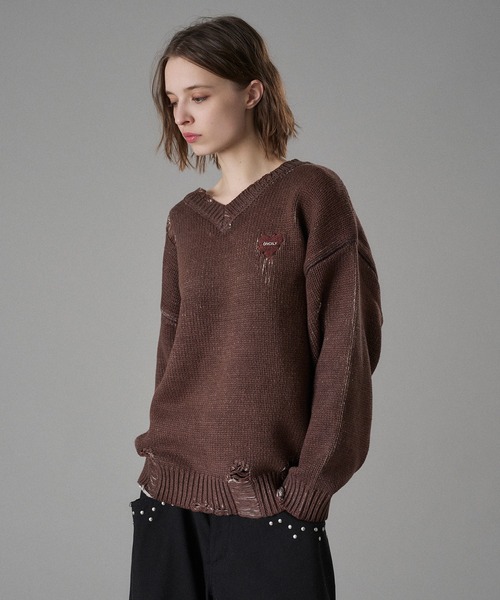 VINTAGE LIKE DAMAGE V-NECK KNIT / ヴィンテージライクダメージV