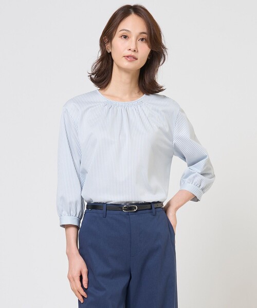 J.PRESS(ジェイプレス)の「ストライプジャカード ラウンドネック カットソー(Tシャツ/カットソー・レディース・スカイブルー系1/黄土色系1・T15/T13)」の2枚目の写真