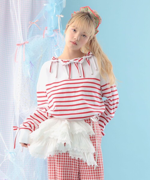 CAROLINA GLASER（カロリナ グレイサー）の「ボーダー リボン ロングスリーブ カットソー（Tシャツ/カットソー・レディース・ブルー/レッド・ONE SIZE）」の3枚目の写真