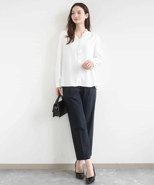 MK MICHEL KLEIN（エムケーミッシェルクラン）の「[洗える]Vネックミニフリルブラウス（シャツ/ブラウス・レディース・ライトブルー/ホワイト・38）」の4枚目の写真