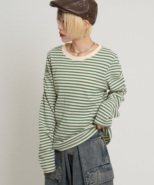 w closet（ダブルクローゼット）の「ワッフルボーダープルオーバー（Tシャツ/カットソー・レディース・ピンク/グリーン/ブラック・FREE）」の2枚目の写真